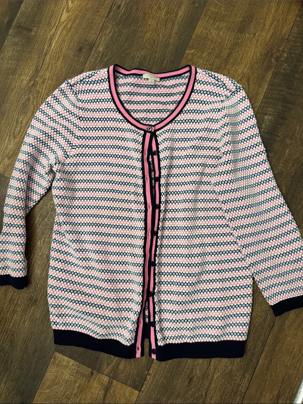Talbots Pink and Navy Patterned Button-Front Cardigan